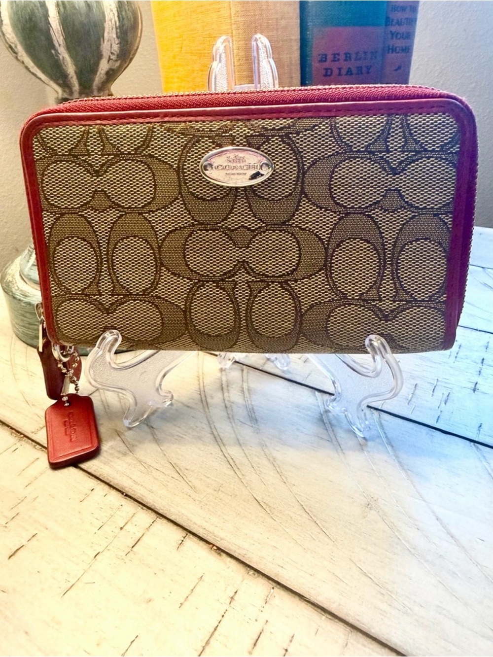 Coach Signature Canvas Zip Wallet with Red Trim and Tag